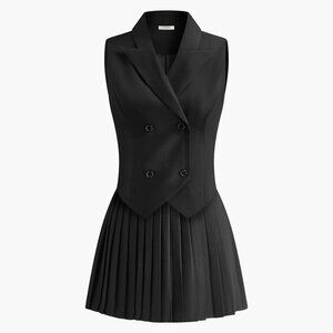 Commense Suit Waistcoat With Pleated Mini Skirt Set Black NWT, Size L